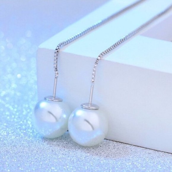 NEW 925 Sterling Silver Pearl Chain Earrings - Picture 5 of 8